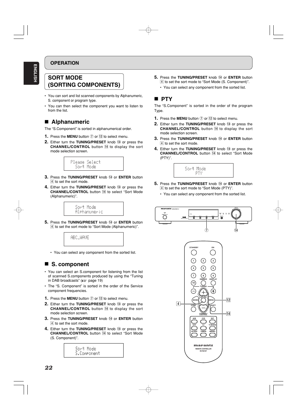 Sort mode (sorting components), 7 alphanumeric, 7 s. component | 7 pty, Operation | Marantz ST7001N User Manual | Page 26 / 35
