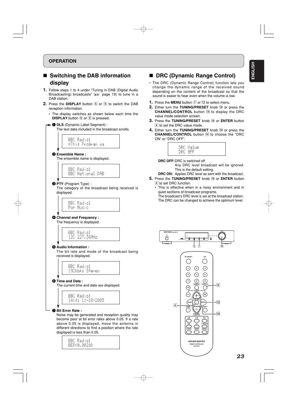7 switching the dab information display, 7 drc (dynamic range control), Operation | Marantz ST7001N User Manual | Page 27 / 35