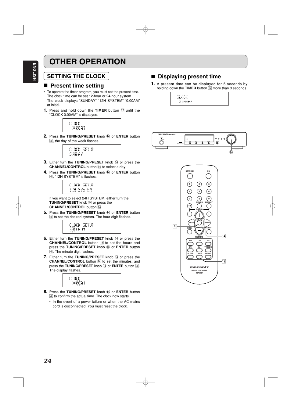 Other operation, 7 displaying present time, Setting the clock 7 present time setting | Marantz ST7001N User Manual | Page 28 / 35