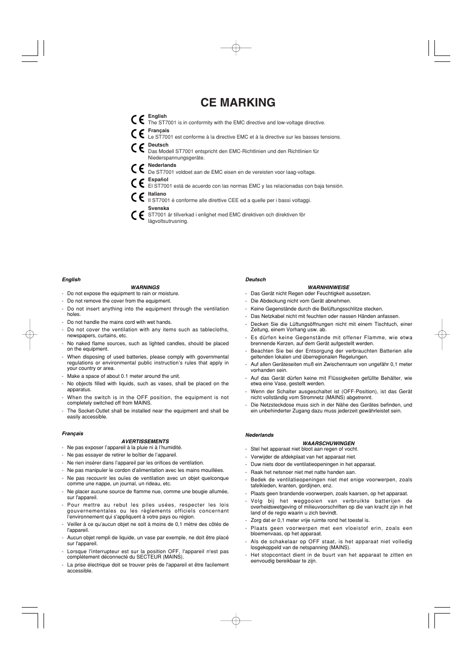 Ce marking | Marantz ST7001N User Manual | Page 3 / 35