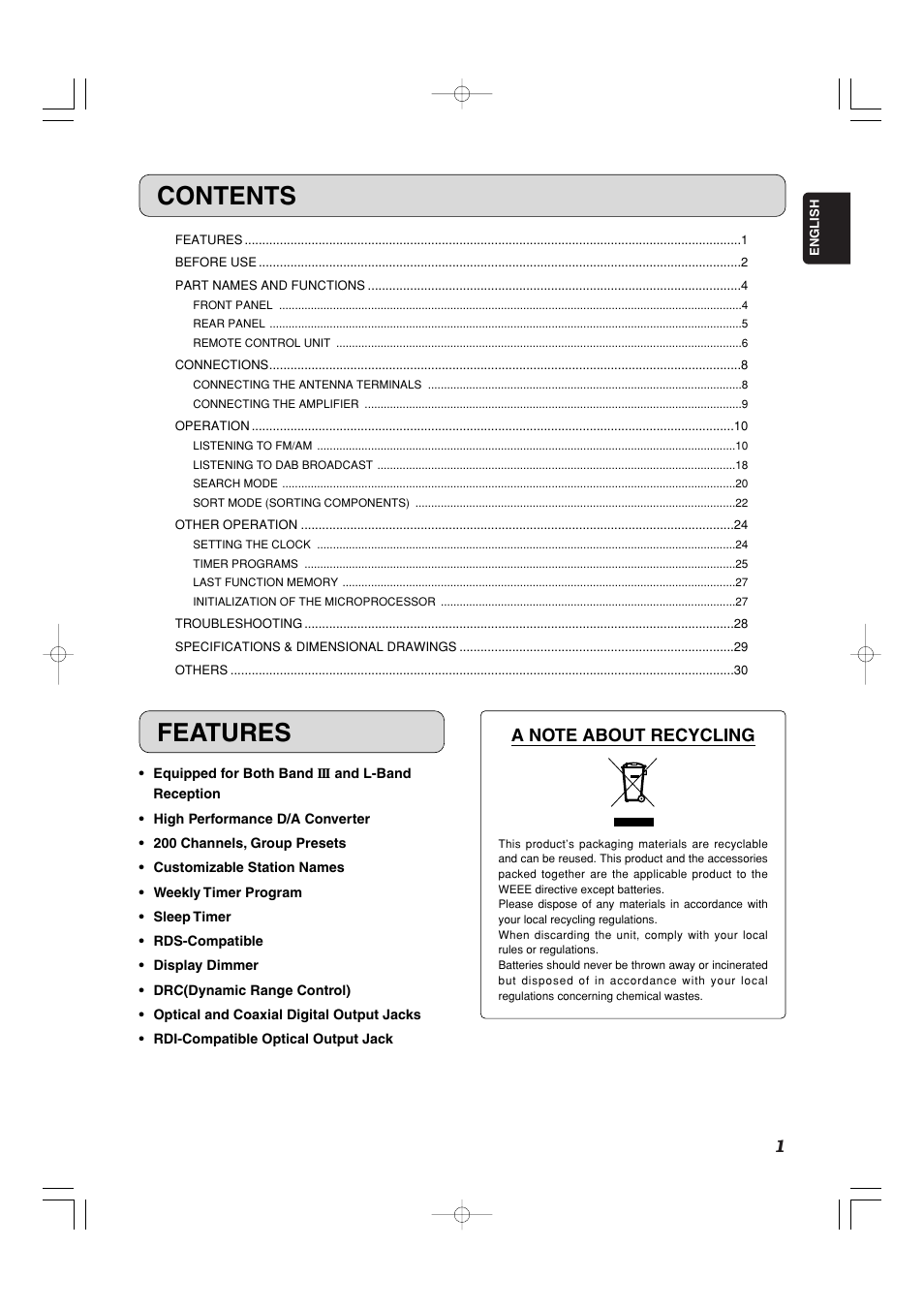 Contents features | Marantz ST7001N User Manual | Page 5 / 35