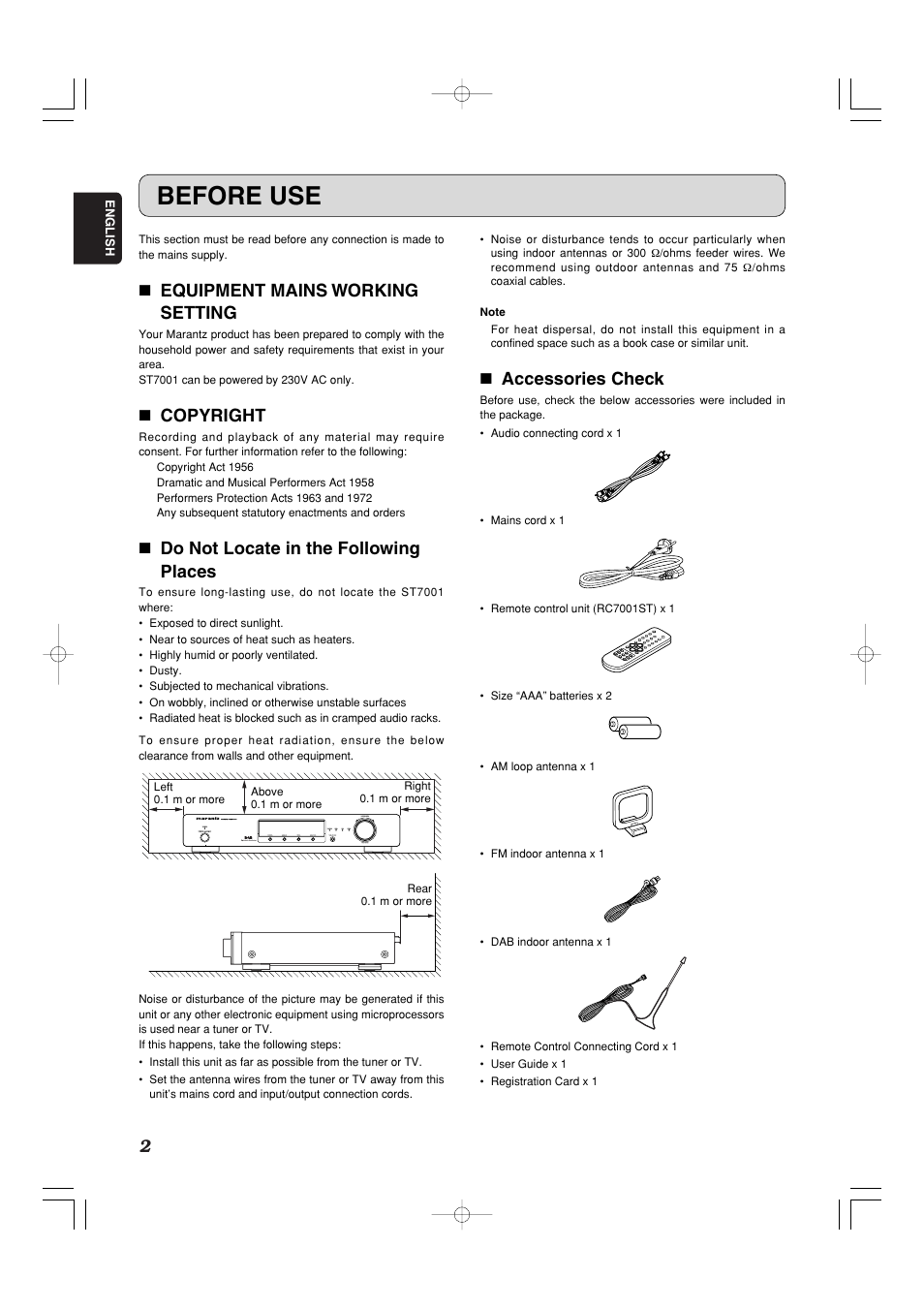 Before use, 7 equipment mains working setting, 7 copyright | 7 do not locate in the following places, 7 accessories check | Marantz ST7001N User Manual | Page 6 / 35