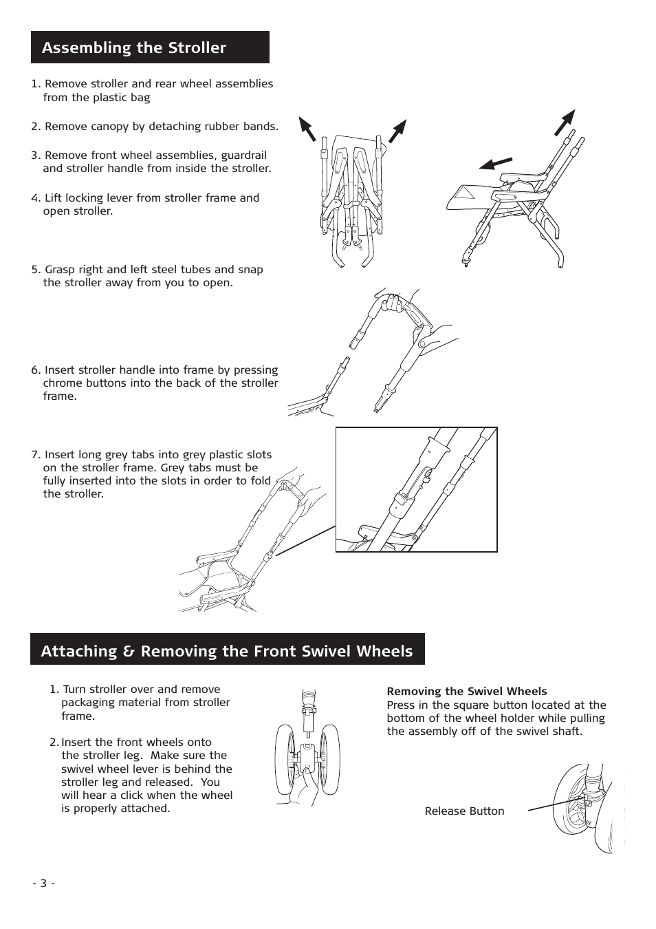 Assembling the stroller, Attaching & removing the front swivel wheels | Combi 3210 User Manual | Page 3 / 9