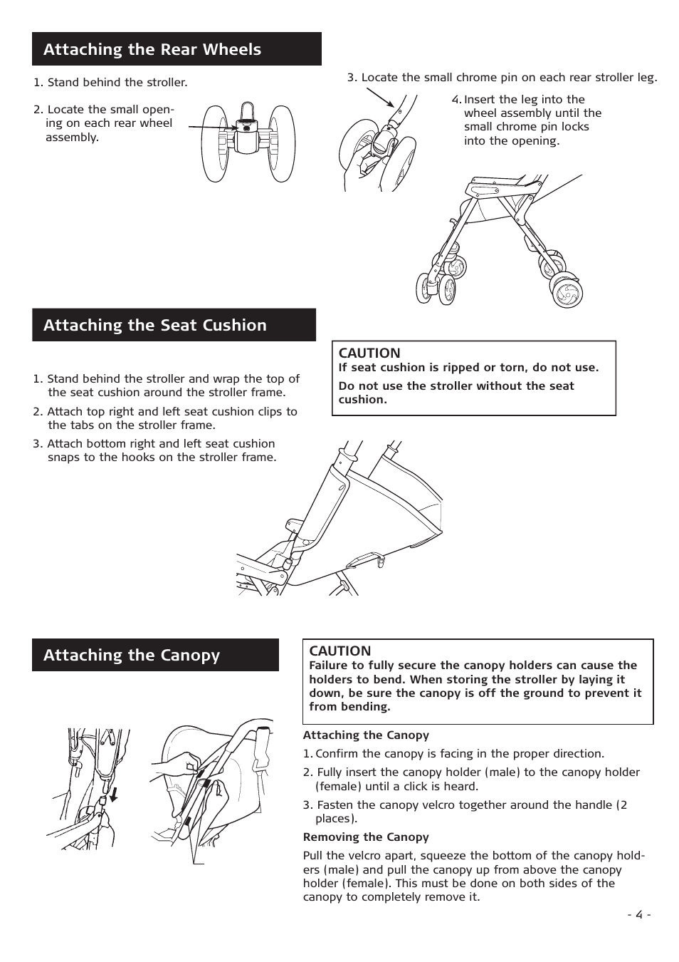 Attaching the canopy, Attaching the rear wheels, Attaching the seat cushion | Combi 3210 User Manual | Page 4 / 9