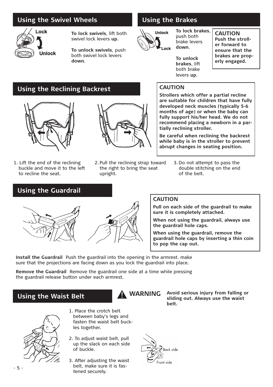 Using the brakes using the swivel wheels, Using the reclining backrest, Using the guardrail using the waist belt | Warning | Combi 3210 User Manual | Page 5 / 9