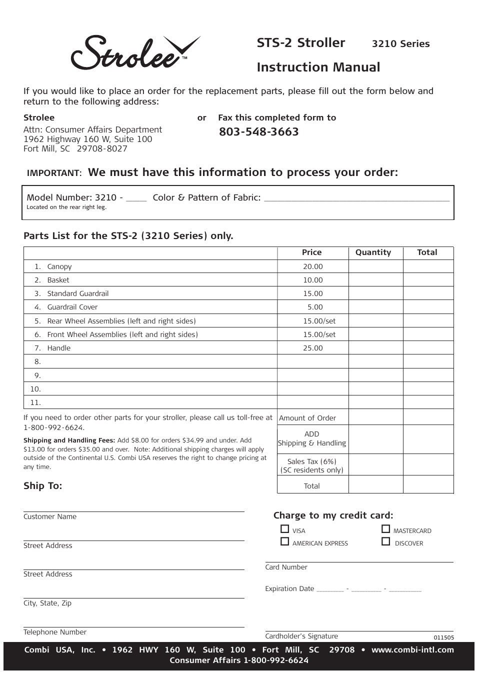 Parts order form, Sts-2 stroller, Instruction manual | Combi 3210 User Manual | Page 9 / 9