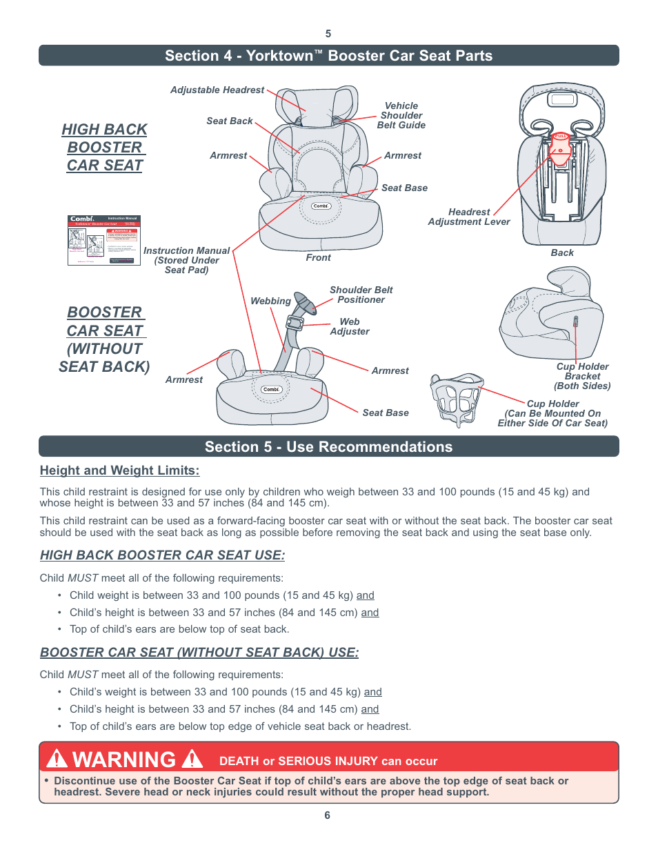Warning, High back booster car seat, Booster car seat (without seat back) | Booster car seat parts, Height and weight limits, High back booster car seat use, Booster car seat (without seat back) use, Death or serious injury can occur | Combi 8600 Series User Manual | Page 4 / 9