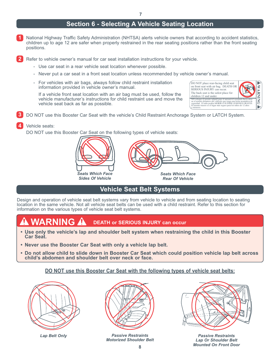 Warning, Vehicle seat belt systems | Combi 8600 Series User Manual | Page 5 / 9