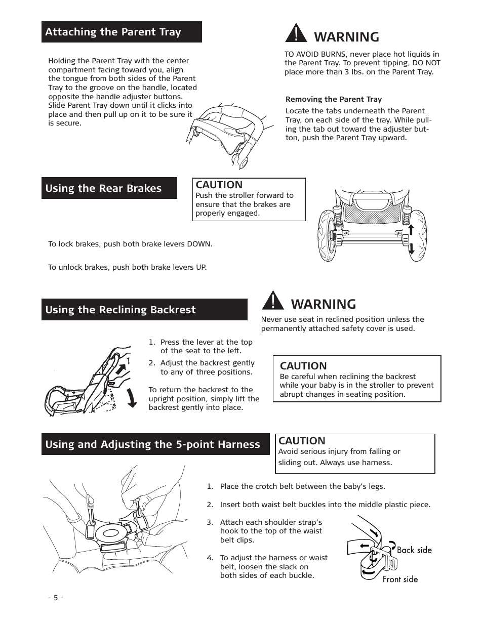 Warning, Attaching the parent tray, Using the rear brakes caution | Using the reclining backrest, Caution, Using and adjusting the 5-point harness | Combi 7720 User Manual | Page 5 / 12