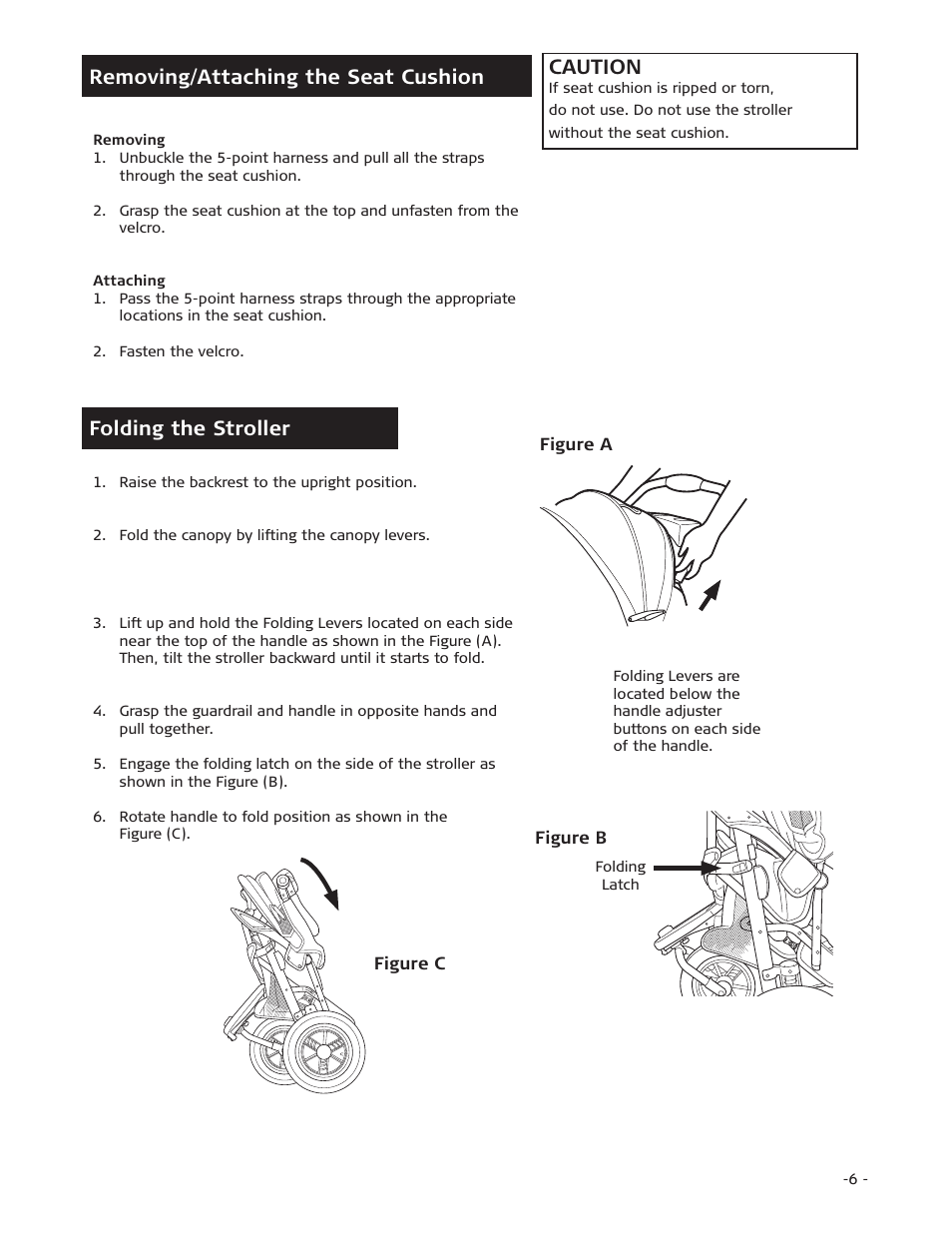 Removing/attaching the seat cushion, Caution, Folding the stroller | Combi 7720 User Manual | Page 6 / 12