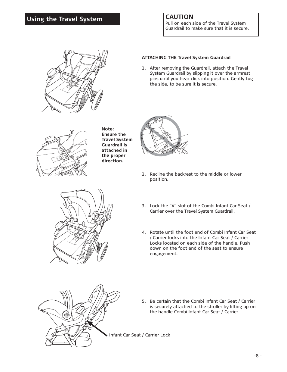 Using the travel system, Caution | Combi 7720 User Manual | Page 8 / 12