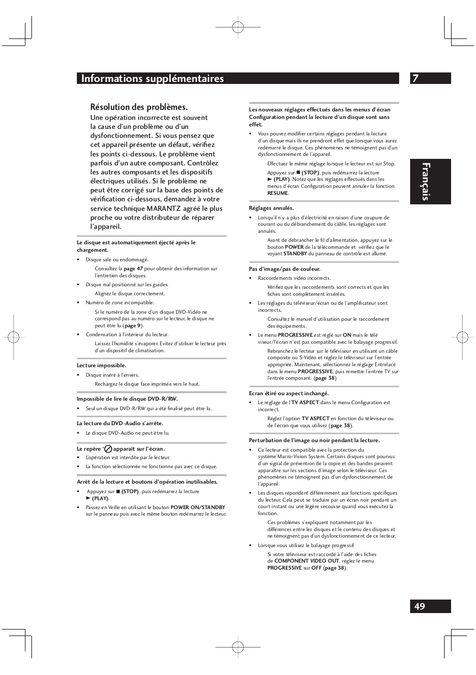 7informations supplémentaires, Fr ançais, Résolution des problèmes | Marantz DV4001N User Manual | Page 101 / 358