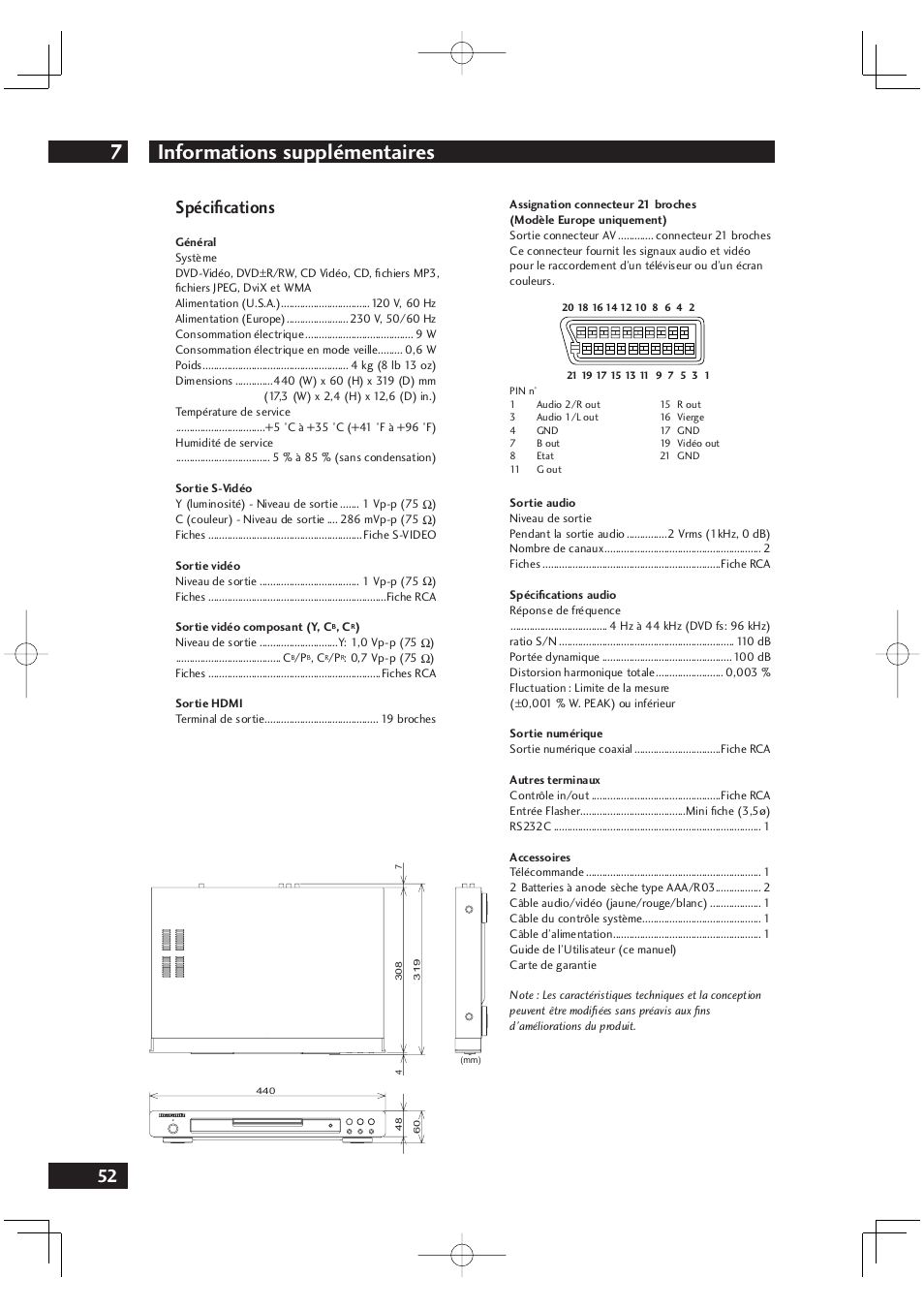 Informations supplémentaires 7, 52 spécifi cations | Marantz DV4001N User Manual | Page 104 / 358