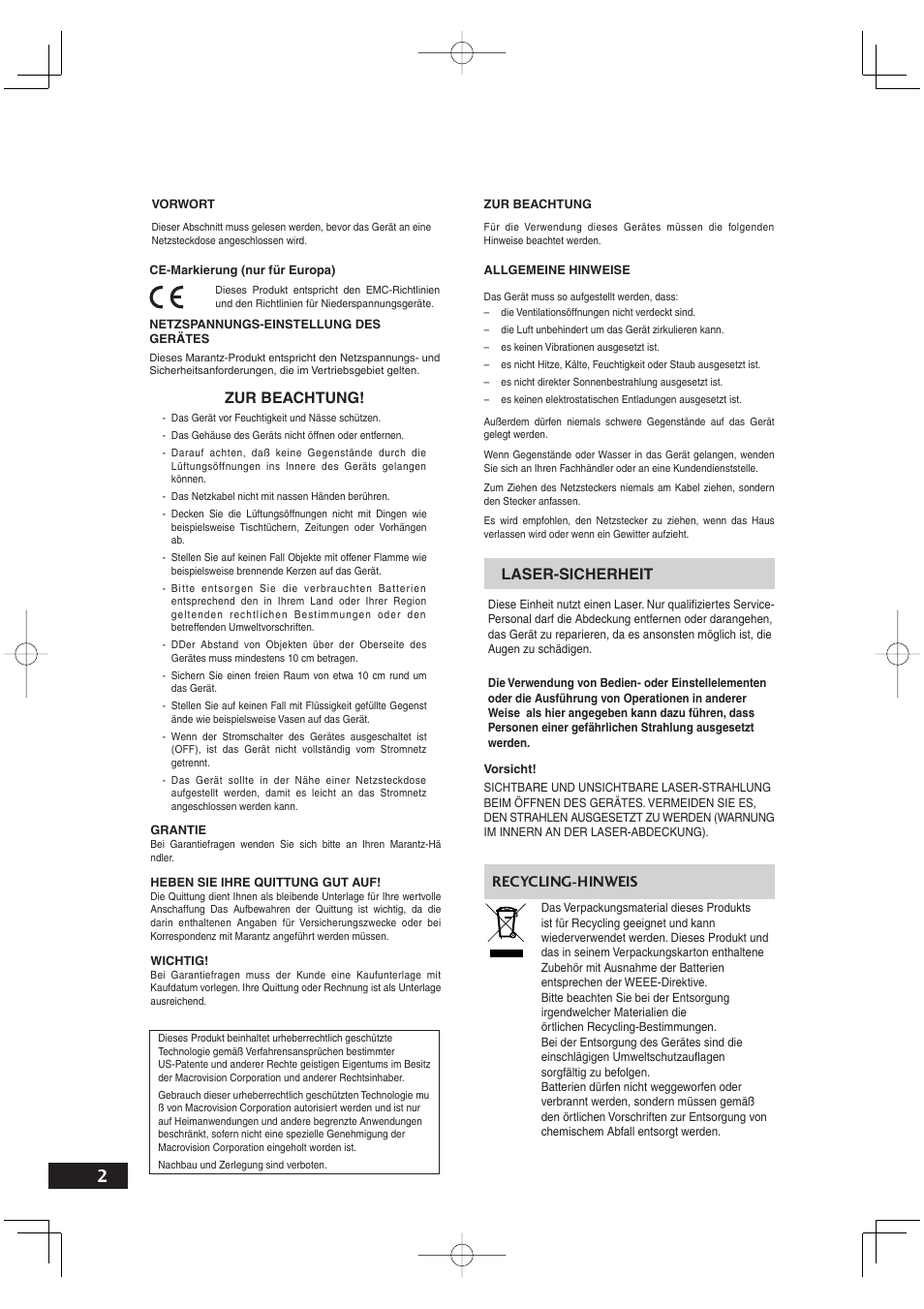 Zur beachtung, Laser-sicherheit, Recycling-hinweis | Marantz DV4001N User Manual | Page 106 / 358