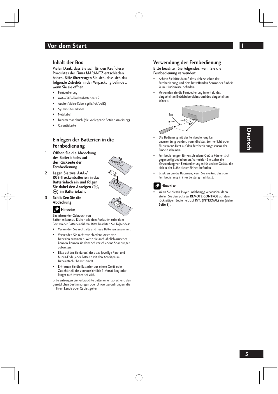 1vor dem start, Deut sch, Inhalt der box | Einlegen der batterien in die fernbedienung, Verwendung der fernbedienung | Marantz DV4001N User Manual | Page 109 / 358