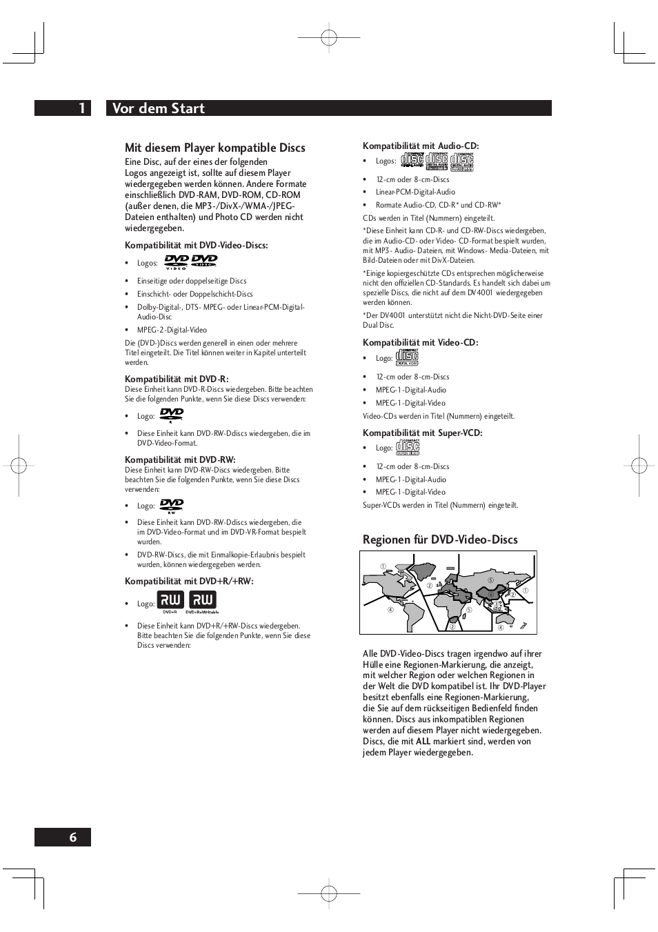Vor dem start 1, 6mit diesem player kompatible discs, Regionen für dvd-video-discs | Marantz DV4001N User Manual | Page 110 / 358
