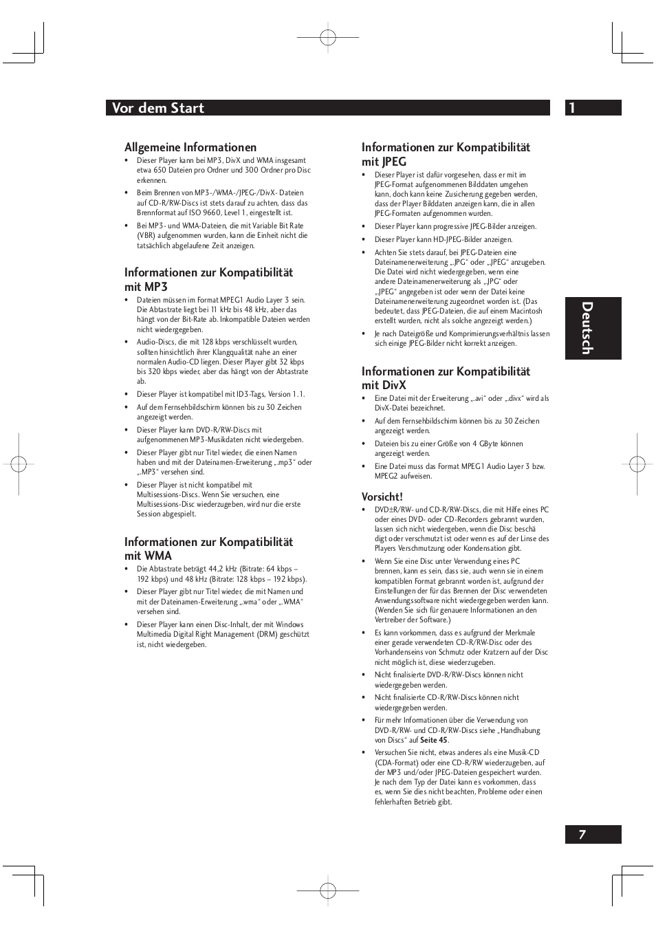 1vor dem start, Deut sch, Allgemeine informationen | Informationen zur kompatibilität mit mp3, Informationen zur kompatibilität mit wma, Informationen zur kompatibilität mit jpeg, Informationen zur kompatibilität mit divx, Vorsicht | Marantz DV4001N User Manual | Page 111 / 358