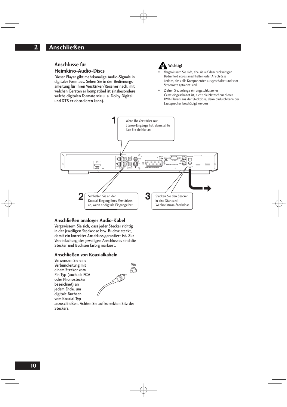 Anschließen 2, Anschlüsse für heimkino-audio-discs, Anschließen analoger audio-kabel | Anschließen von koaxialkabeln | Marantz DV4001N User Manual | Page 114 / 358