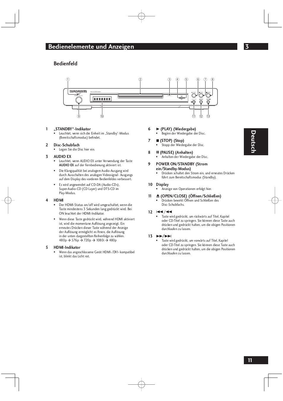 3bedienelemente und anzeigen, Deut sch, Bedienfeld | Marantz DV4001N User Manual | Page 115 / 358