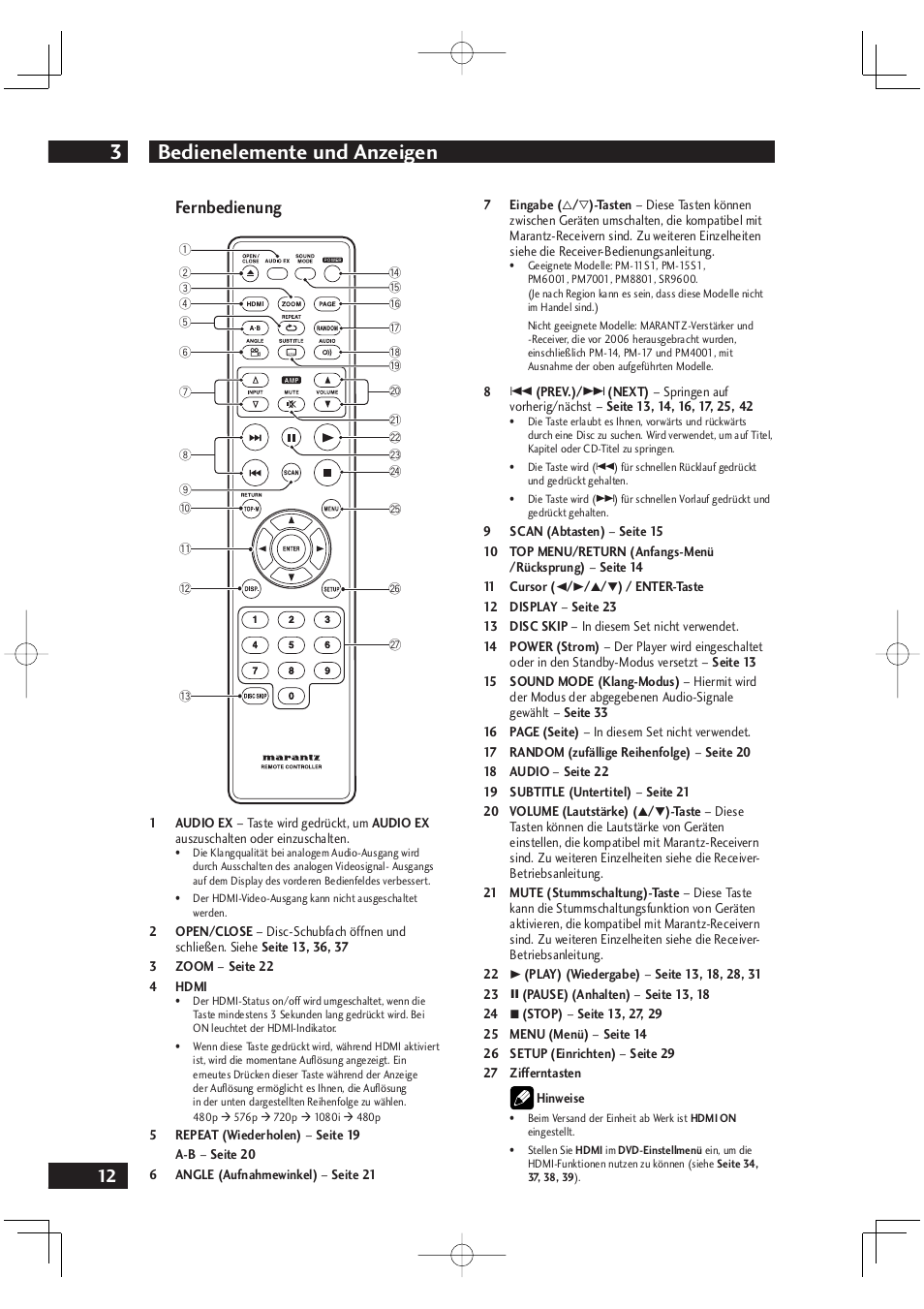 Bedienelemente und anzeigen 3, 12 fernbedienung | Marantz DV4001N User Manual | Page 116 / 358