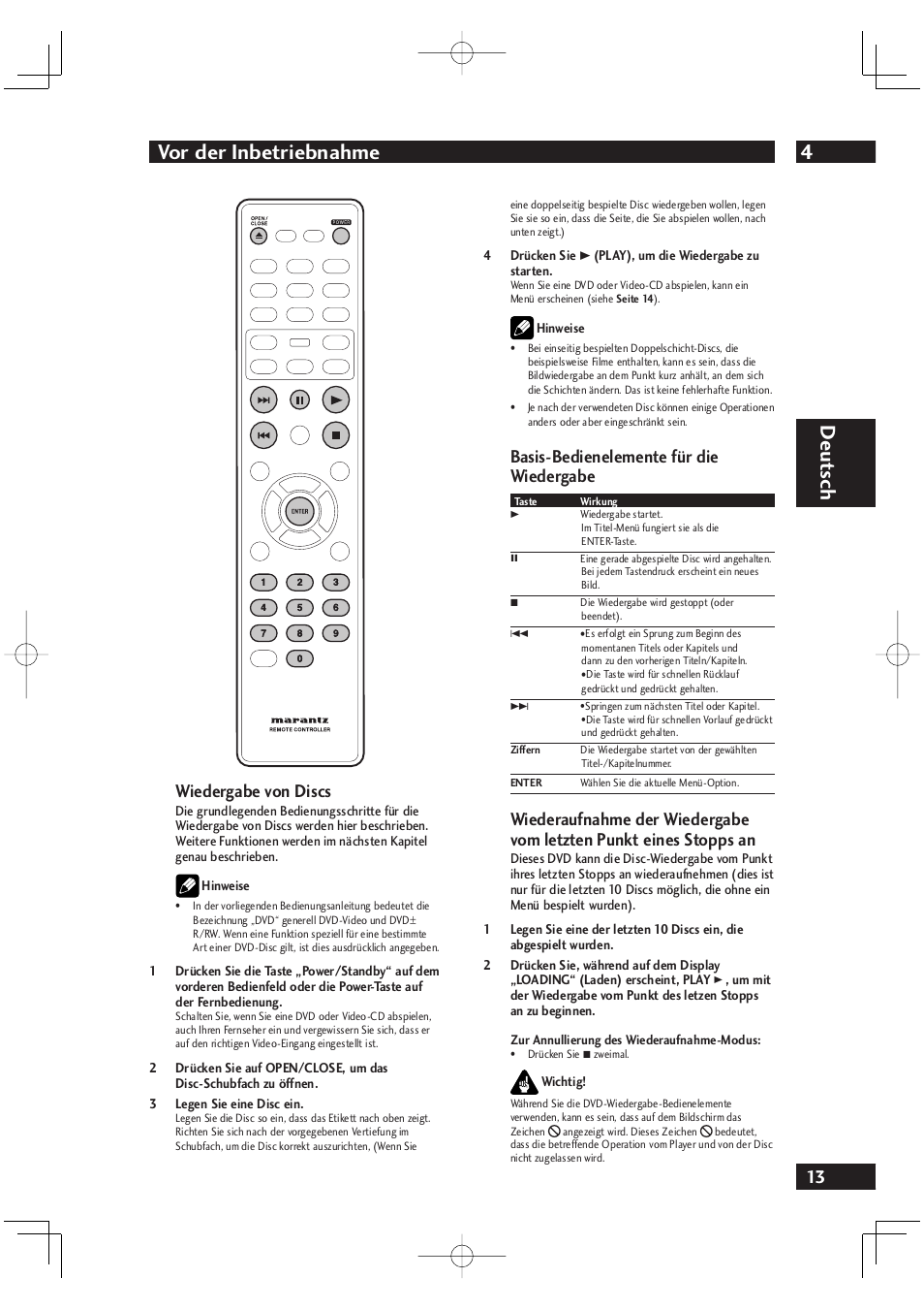 4vor der inbetriebnahme, Deut sch, Wiedergabe von discs | Basis-bedienelemente für die wiedergabe | Marantz DV4001N User Manual | Page 117 / 358