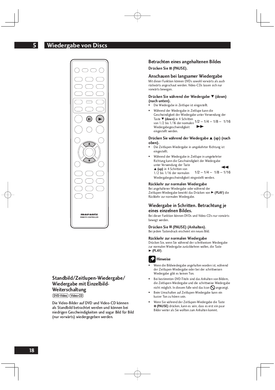 Wiedergabe von discs 5, Betrachten eines angehaltenen bildes, Anschauen bei langsamer wiedergabe | Marantz DV4001N User Manual | Page 122 / 358