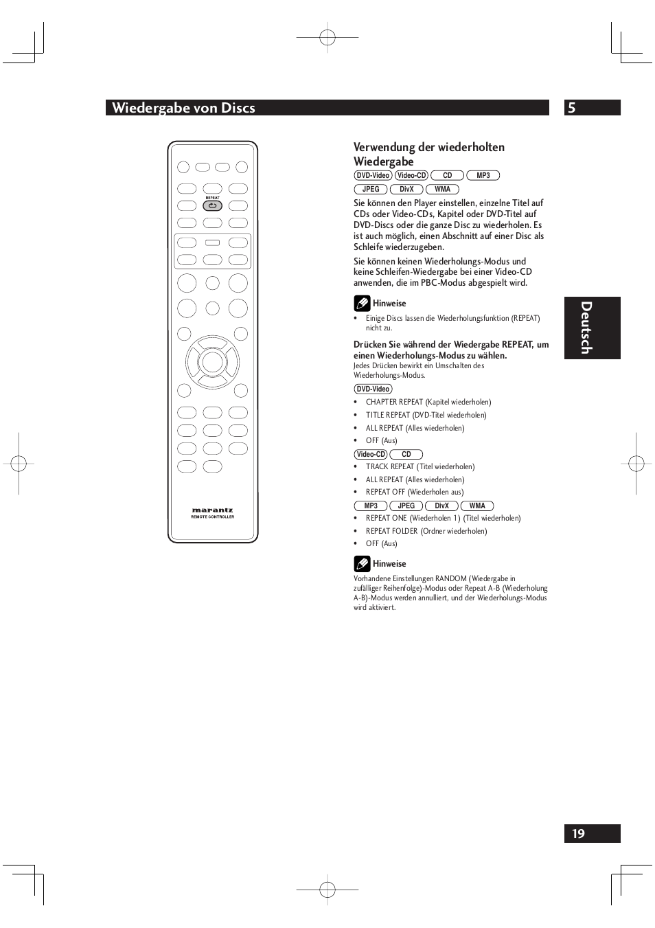 5wiedergabe von discs, Deut sch, Verwendung der wiederholten wiedergabe | Marantz DV4001N User Manual | Page 123 / 358