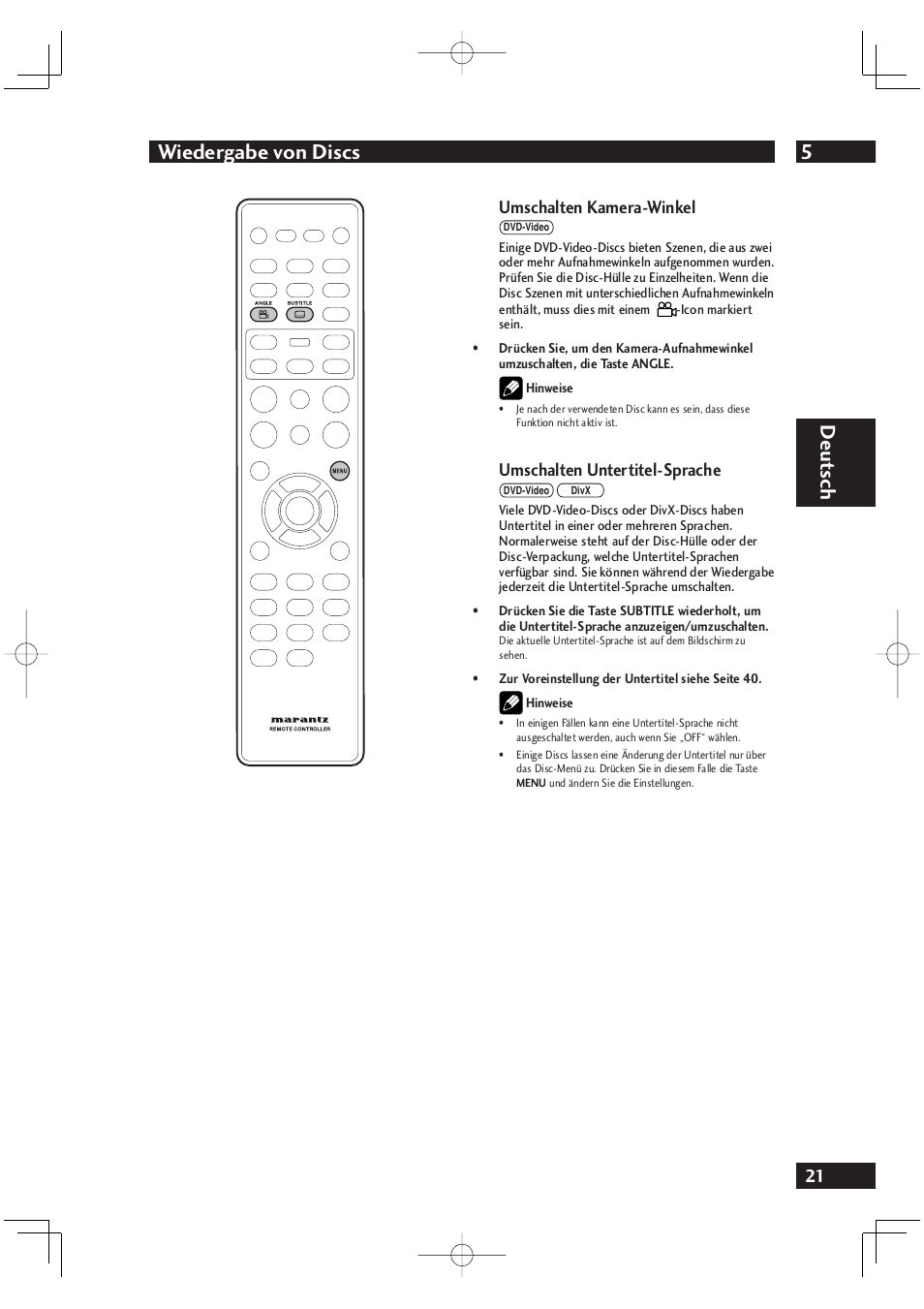 5wiedergabe von discs, Deut sch, Umschalten kamera-winkel | Umschalten untertitel-sprache | Marantz DV4001N User Manual | Page 125 / 358