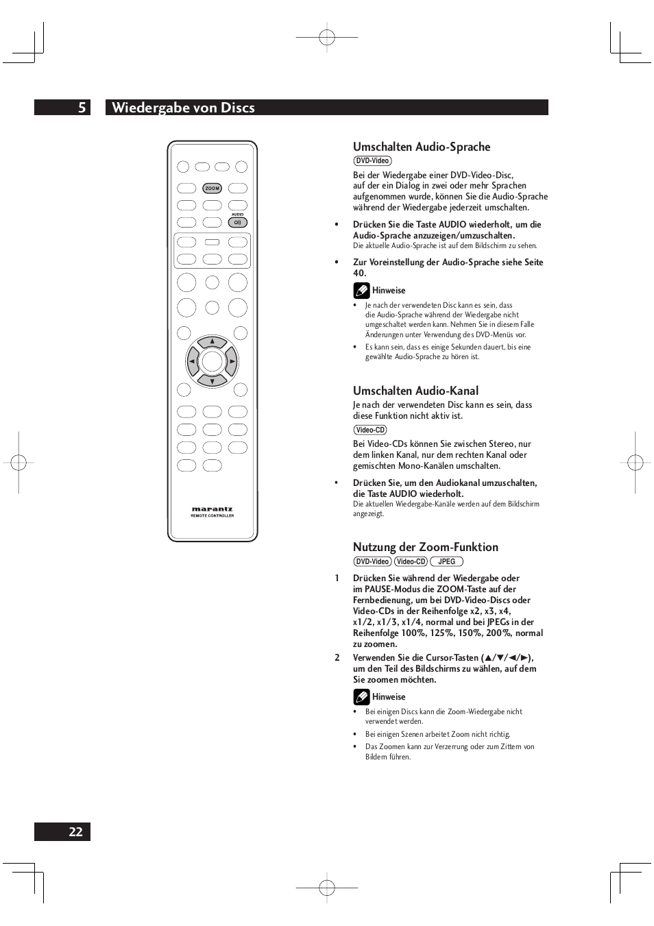 Wiedergabe von discs 5, 22 umschalten audio-sprache, Umschalten audio-kanal | Nutzung der zoom-funktion | Marantz DV4001N User Manual | Page 126 / 358