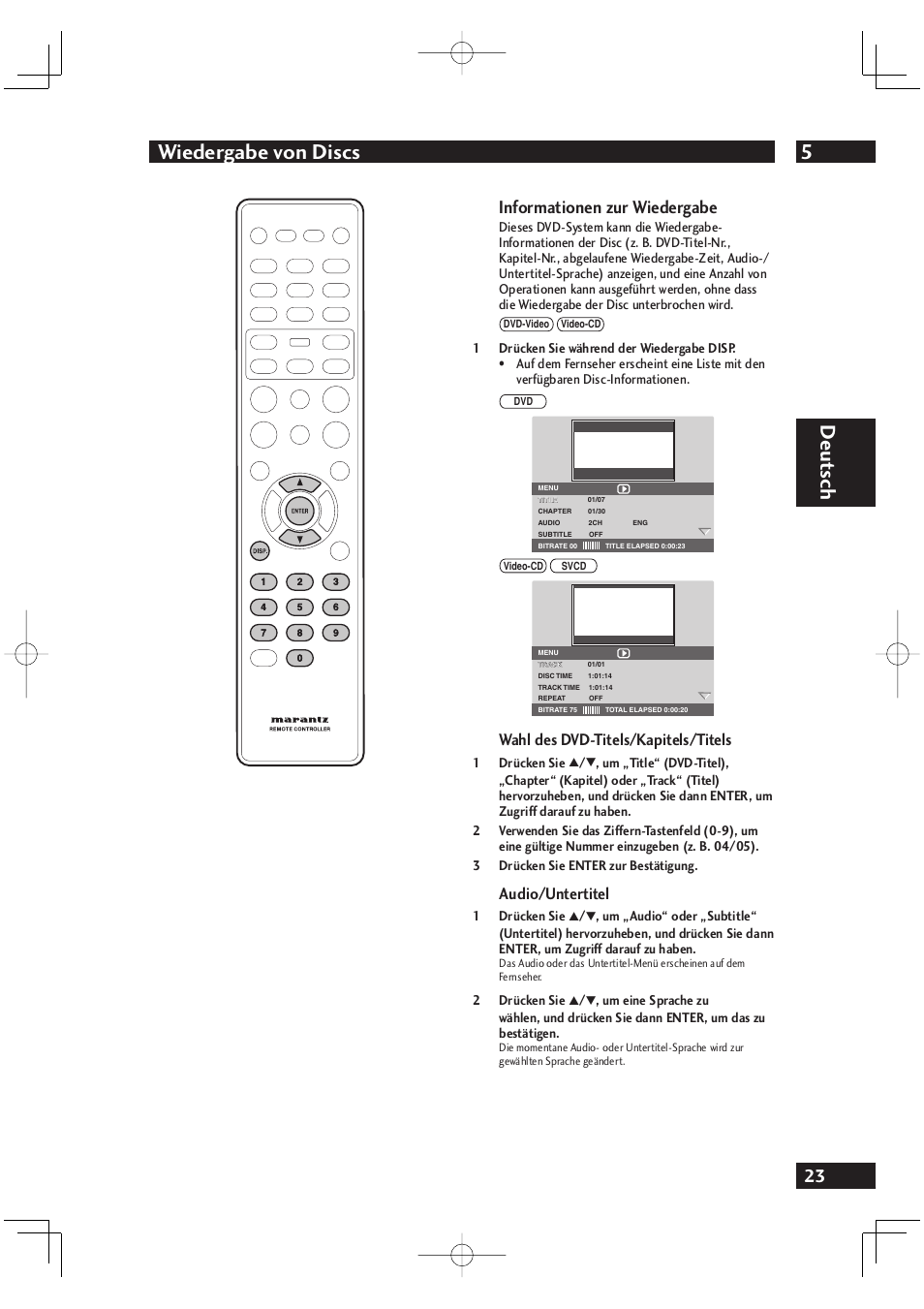 5wiedergabe von discs, Deut sch, Informationen zur wiedergabe | Wahl des dvd-titels/kapitels/titels, Audio/untertitel | Marantz DV4001N User Manual | Page 127 / 358