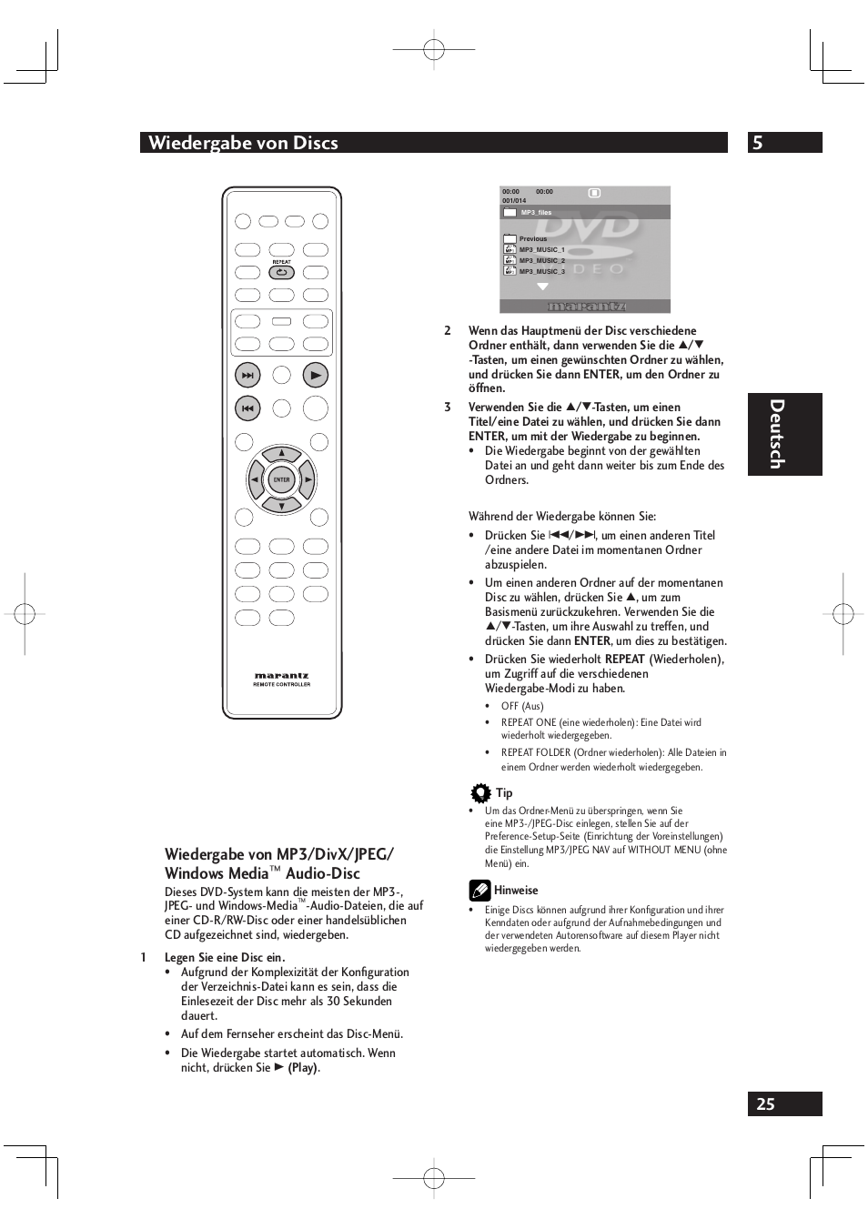 5wiedergabe von discs, Deut sch, Wiedergabe von mp3/divx/jpeg/ windows media | Audio-disc | Marantz DV4001N User Manual | Page 129 / 358