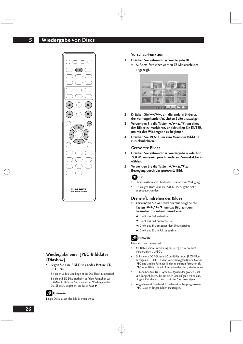 Wiedergabe von discs 5, 26 wiedergabe einer jpeg-bilddatei (diashow) | Marantz DV4001N User Manual | Page 130 / 358