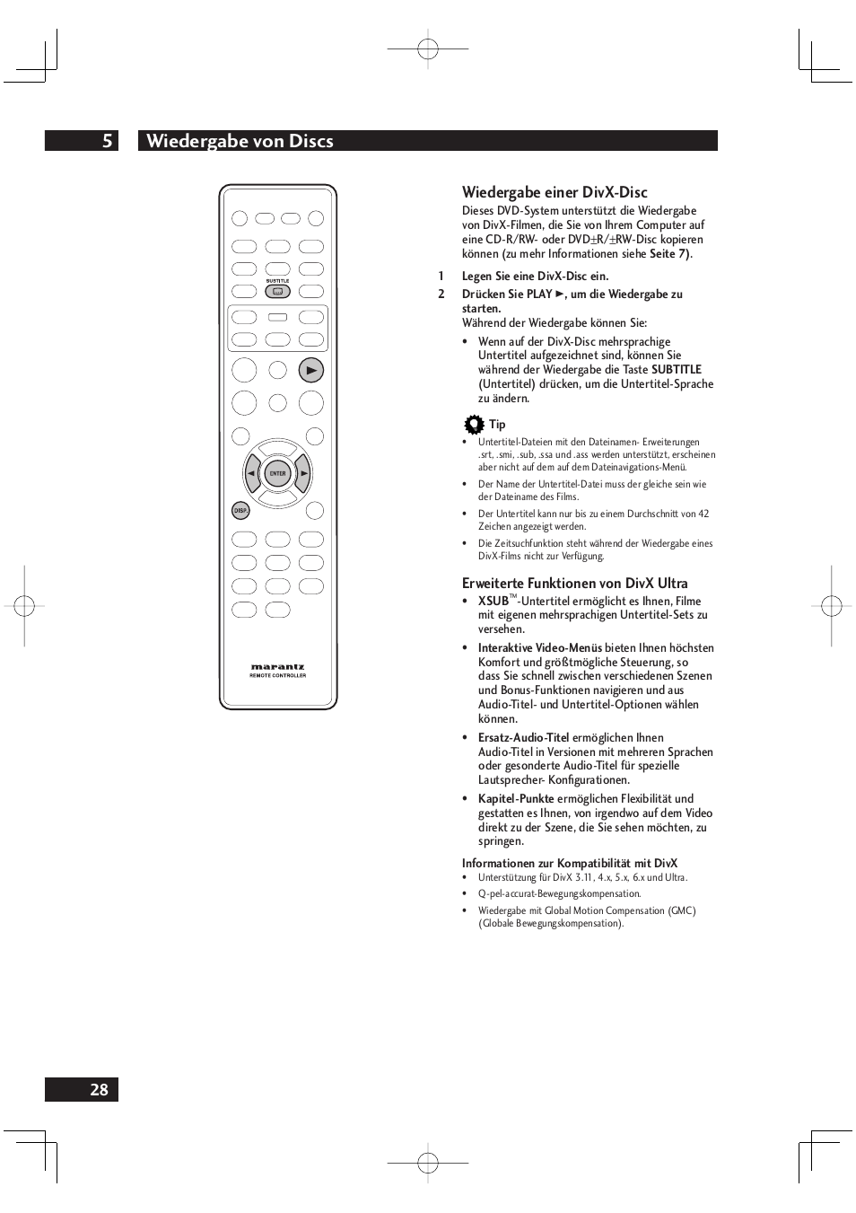 Wiedergabe von discs 5, 28 wiedergabe einer divx-disc | Marantz DV4001N User Manual | Page 132 / 358