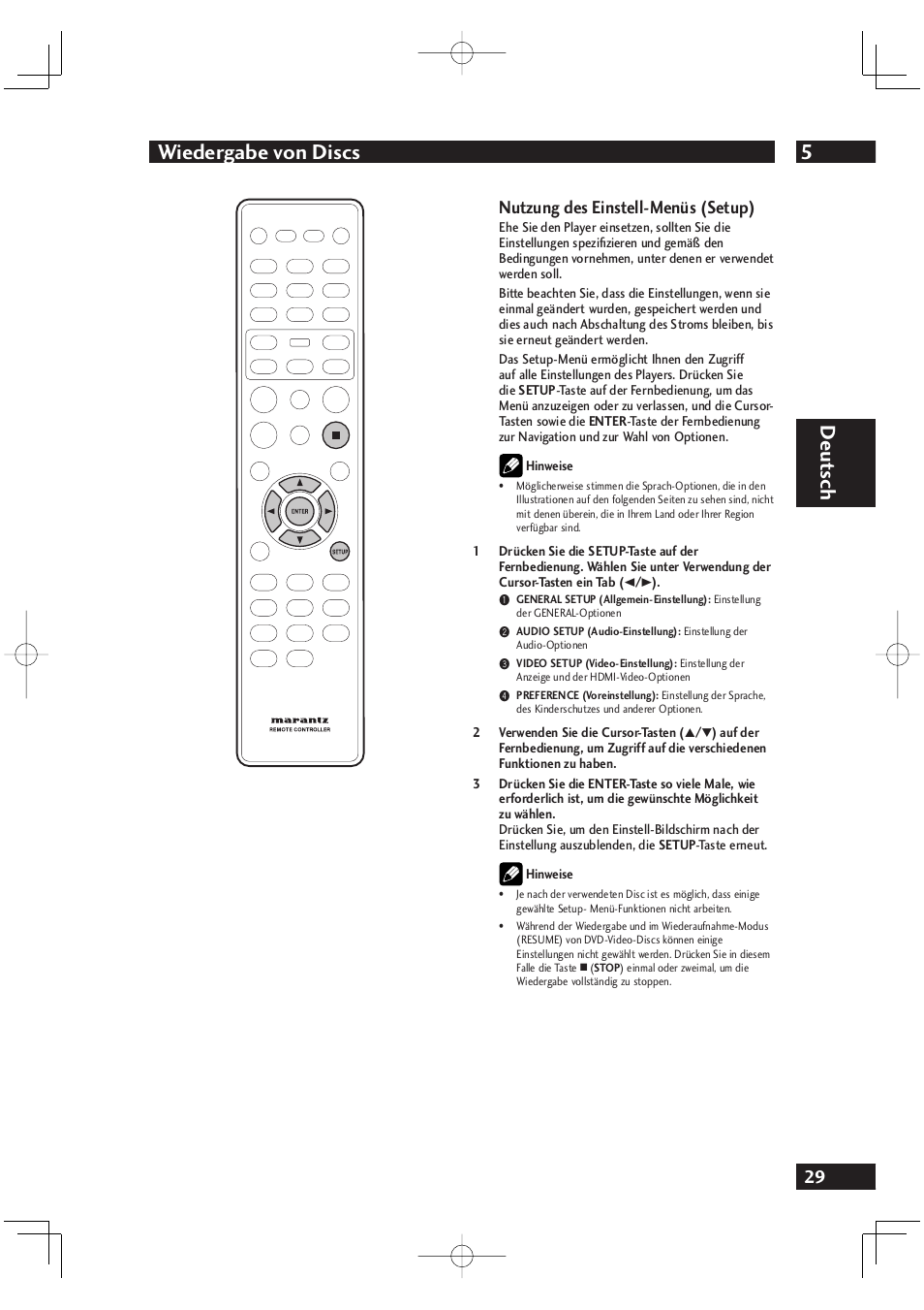 5wiedergabe von discs, Deut sch, Nutzung des einstell-menüs (setup) | Marantz DV4001N User Manual | Page 133 / 358