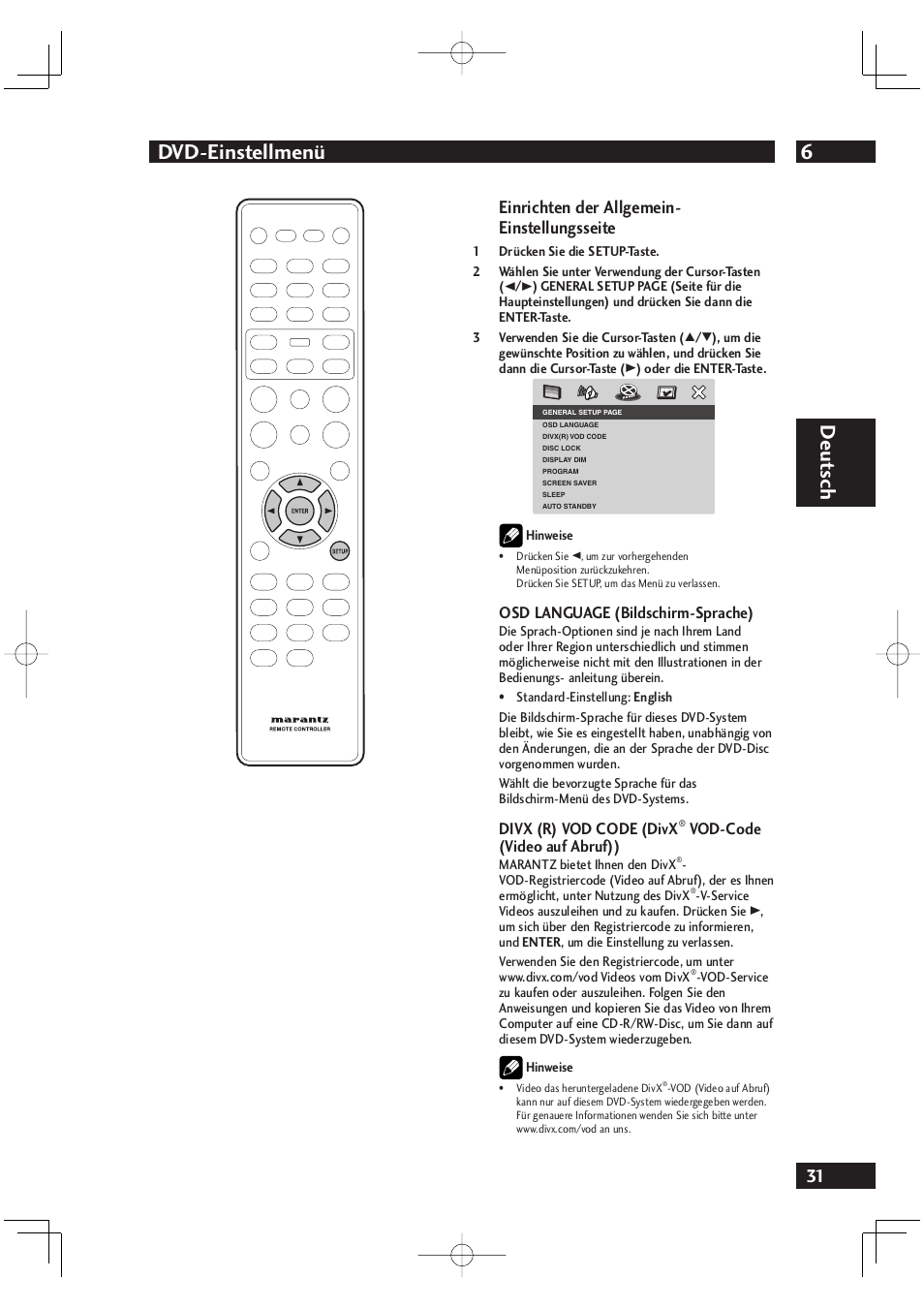 6dvd-einstellmenü, Deut sch, Einrichten der allgemein- einstellungsseite | Osd language (bildschirm-sprache), Divx (r) vod code (divx, Vod-code (video auf abruf)) | Marantz DV4001N User Manual | Page 135 / 358
