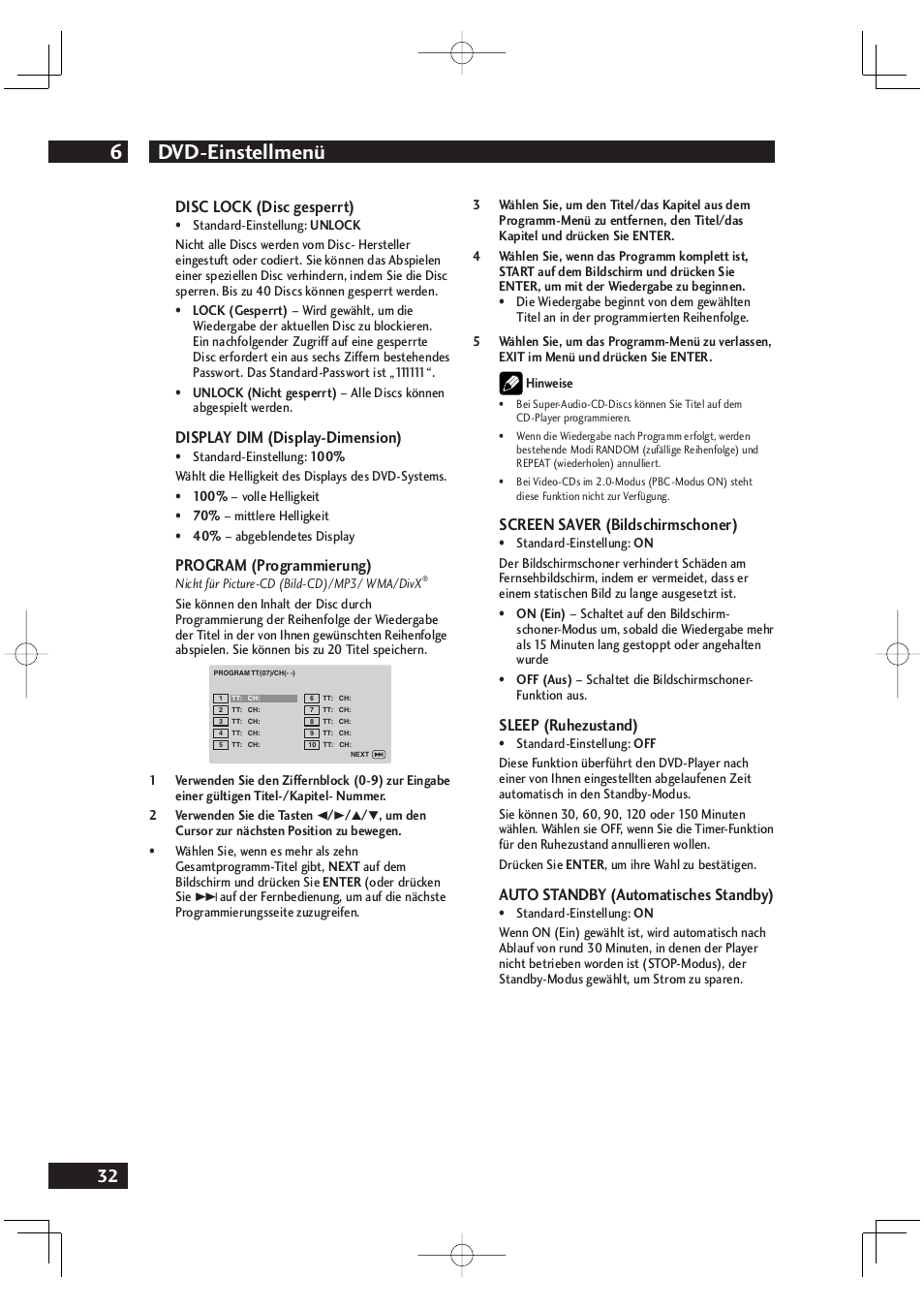 Dvd-einstellmenü 6, Disc lock (disc gesperrt), Display dim (display-dimension) | Program (programmierung), Screen saver (bildschirmschoner), Sleep (ruhezustand), Auto standby (automatisches standby) | Marantz DV4001N User Manual | Page 136 / 358