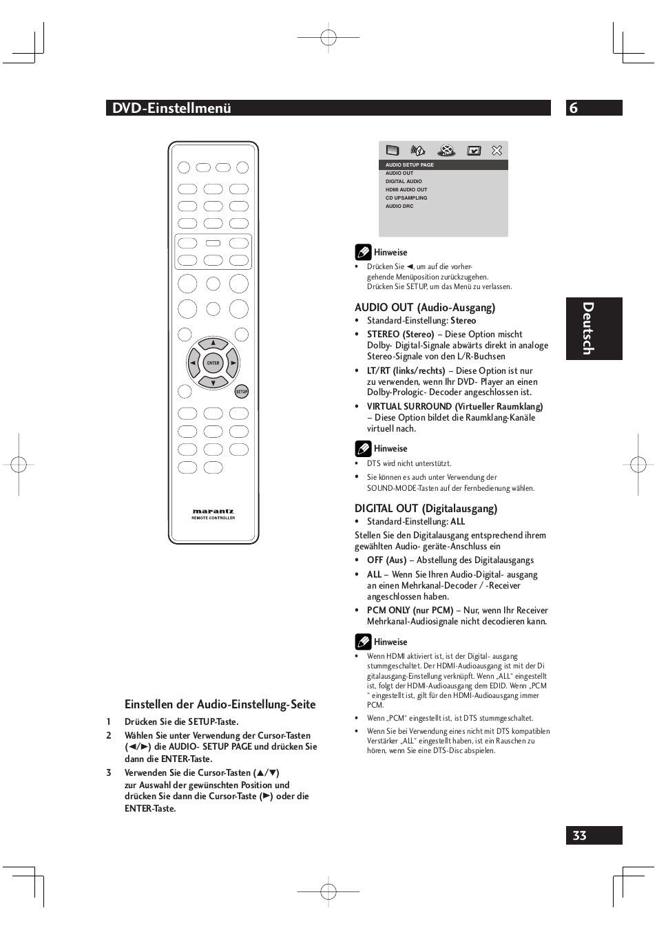 6dvd-einstellmenü, Deut sch, Einstellen der audio-einstellung-seite | Marantz DV4001N User Manual | Page 137 / 358