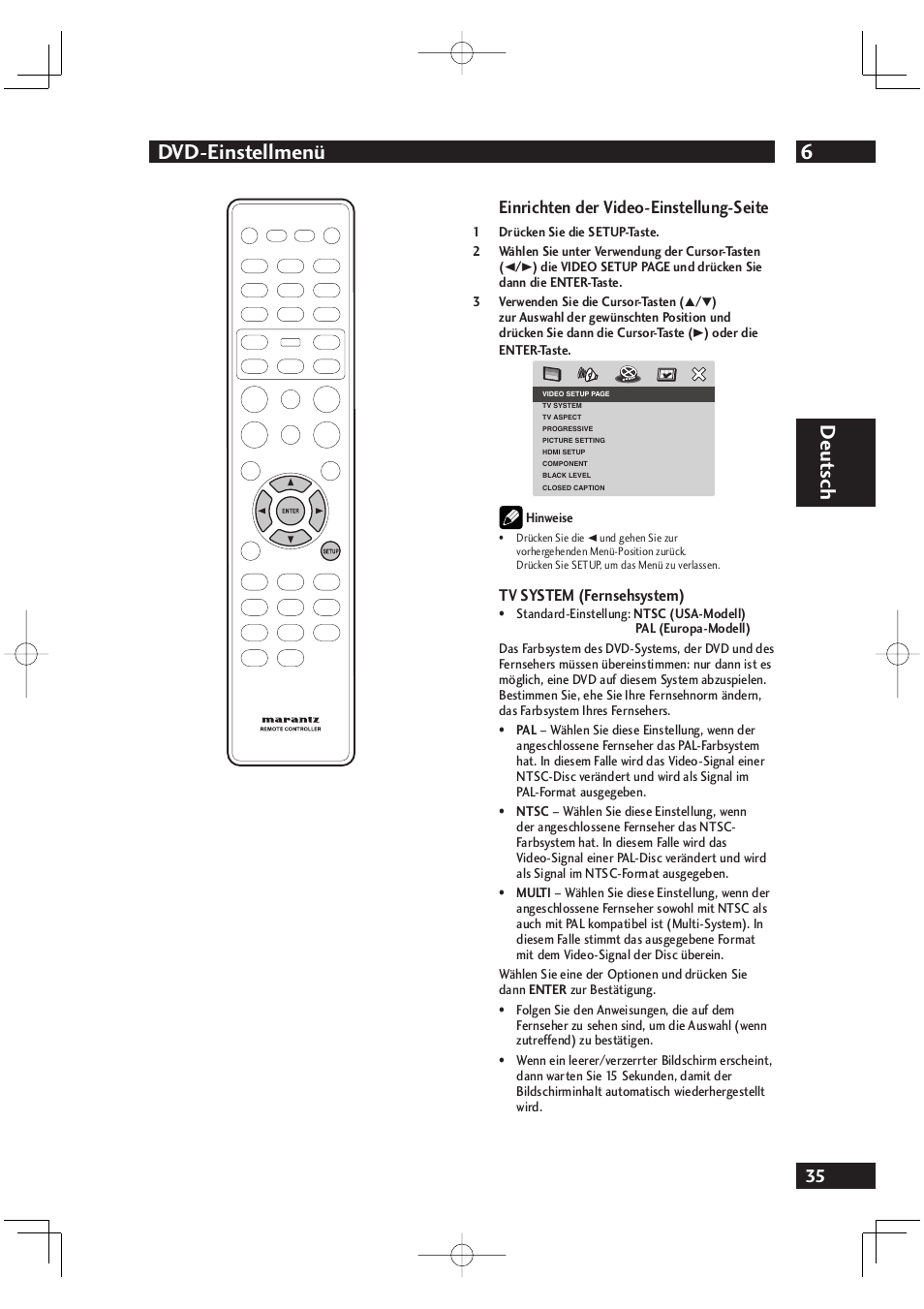 6dvd-einstellmenü, Deut sch, Einrichten der video-einstellung-seite | Tv system (fernsehsystem) | Marantz DV4001N User Manual | Page 139 / 358