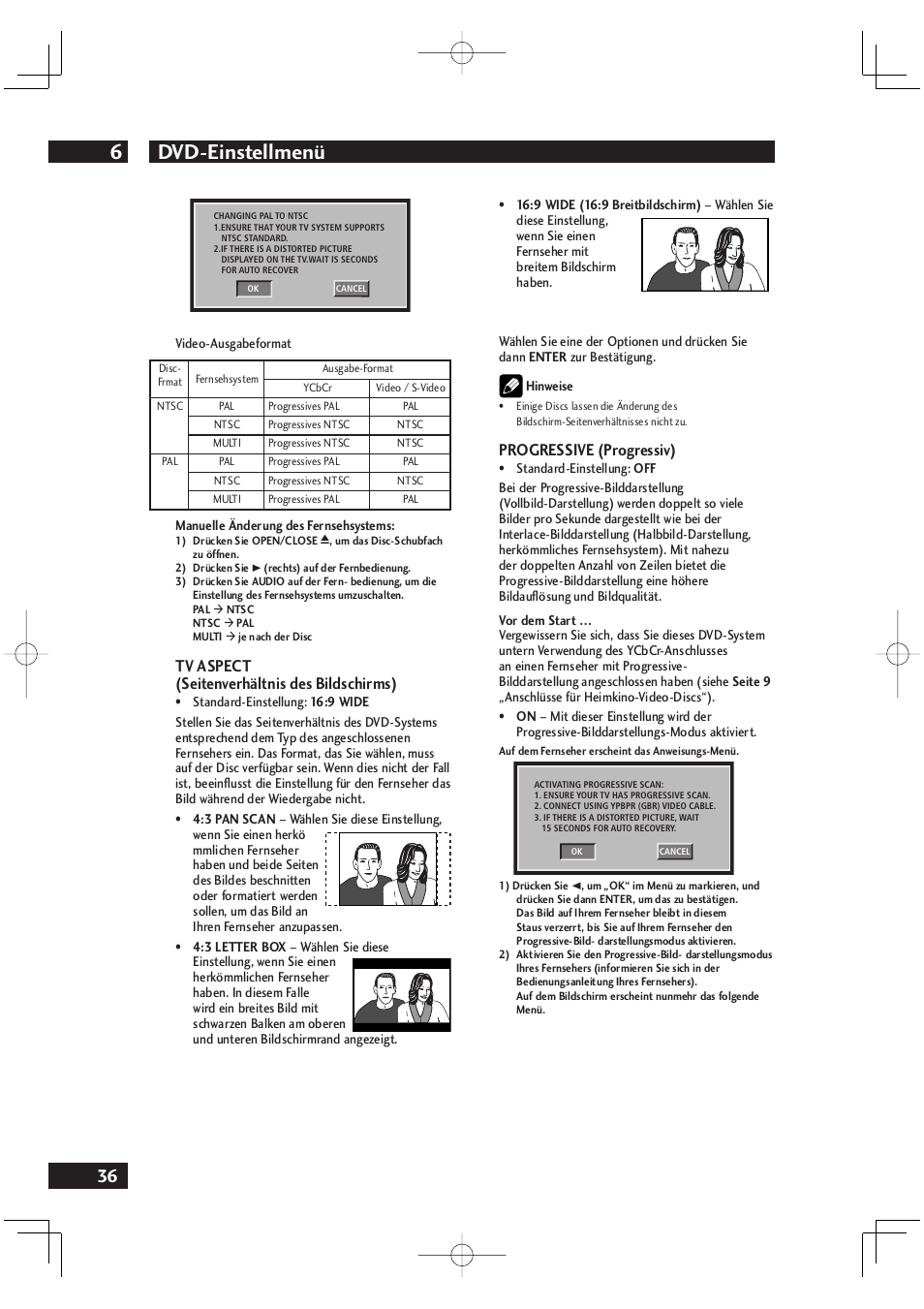 Dvd-einstellmenü 6, Tv aspect (seitenverhältnis des bildschirms), Progressive (progressiv) | Marantz DV4001N User Manual | Page 140 / 358