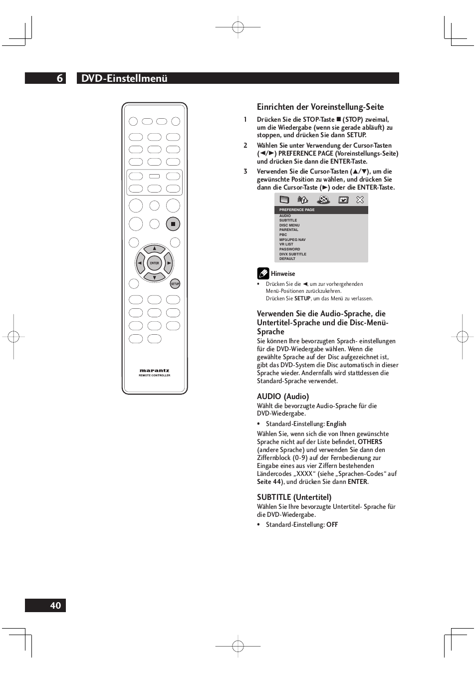 Dvd-einstellmenü 6, 40 einrichten der voreinstellung-seite | Marantz DV4001N User Manual | Page 144 / 358