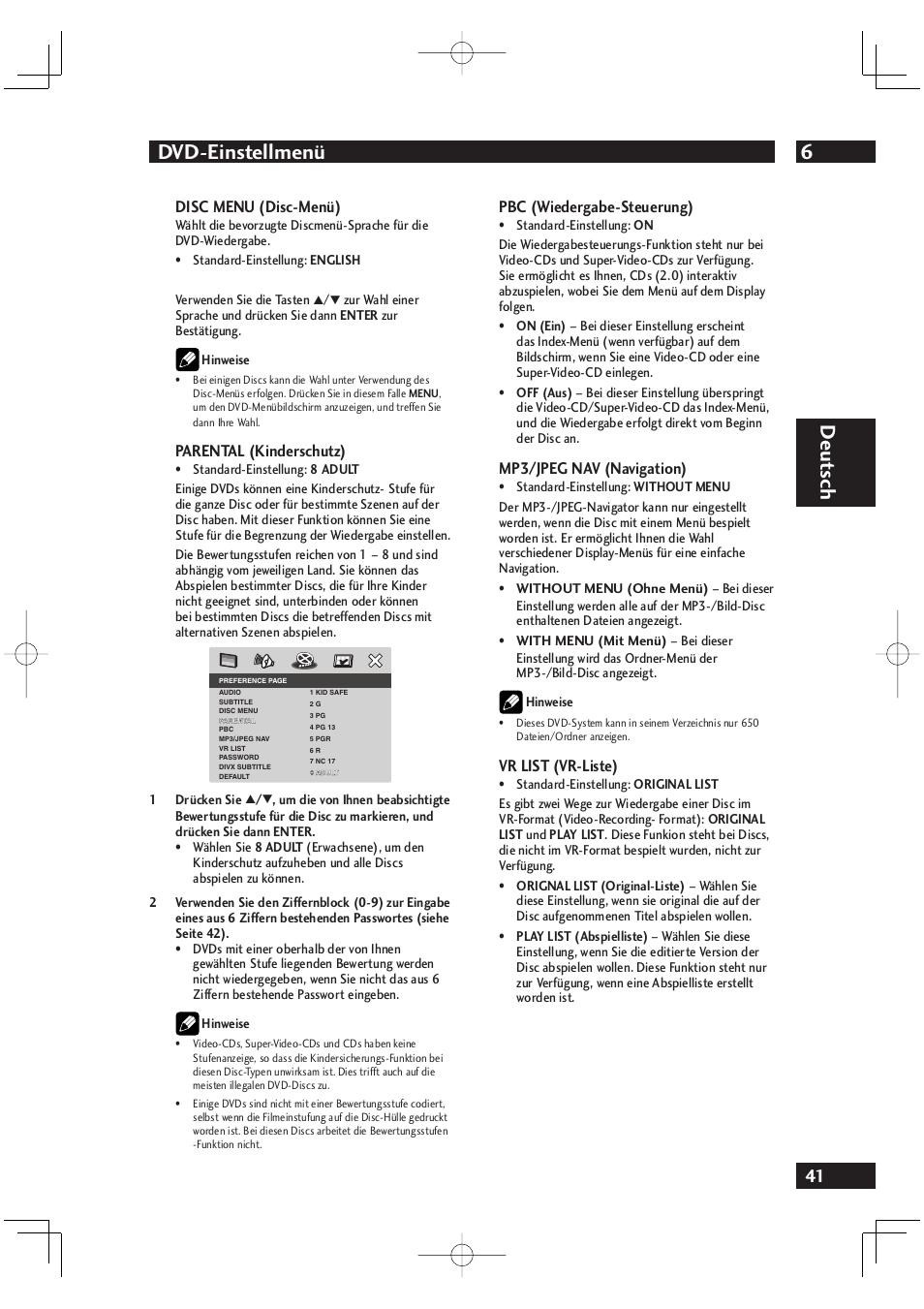 6dvd-einstellmenü, Deut sch, Disc menu (disc-menü) | Parental (kinderschutz), Pbc (wiedergabe-steuerung), Mp3/jpeg nav (navigation), Vr list (vr-liste) | Marantz DV4001N User Manual | Page 145 / 358