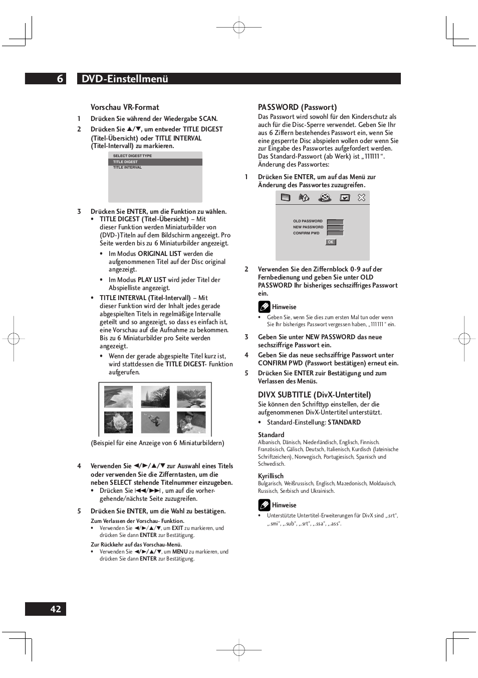 Dvd-einstellmenü 6, Vorschau vr-format, Password (passwort) | Divx subtitle (divx-untertitel) | Marantz DV4001N User Manual | Page 146 / 358
