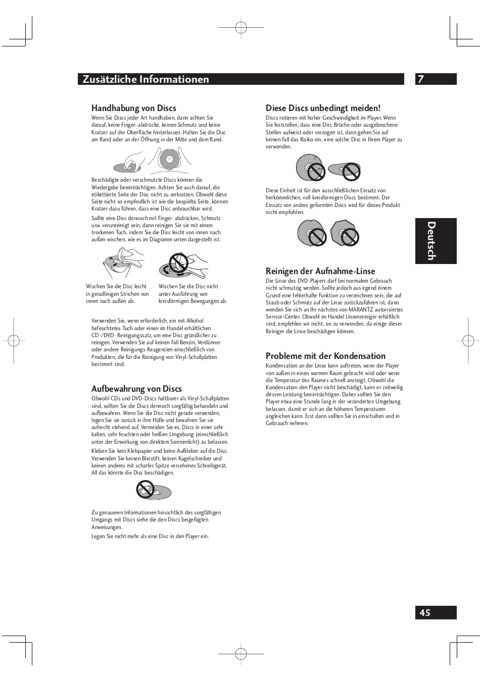 7zusätzliche informationen, Deut sch, Handhabung von discs | Aufbewahrung von discs, Diese discs unbedingt meiden, Reinigen der aufnahme-linse, Probleme mit der kondensation | Marantz DV4001N User Manual | Page 149 / 358