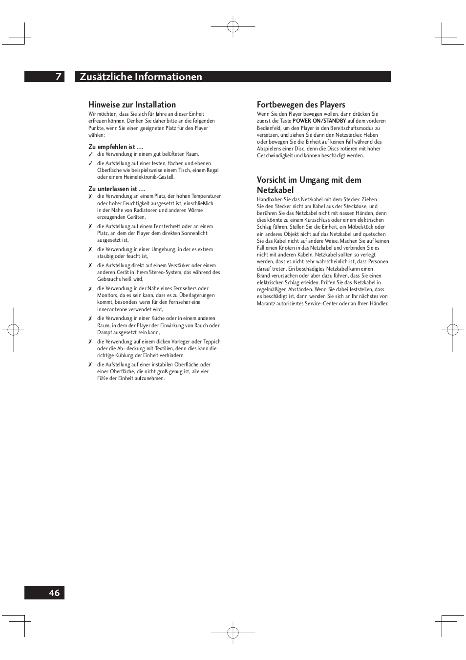 Zusätzliche informationen 7, 46 hinweise zur installation, Fortbewegen des players | Vorsicht im umgang mit dem netzkabel | Marantz DV4001N User Manual | Page 150 / 358