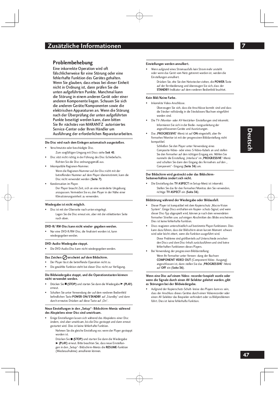 7zusätzliche informationen, Deut sch, Problembehebung | Marantz DV4001N User Manual | Page 151 / 358