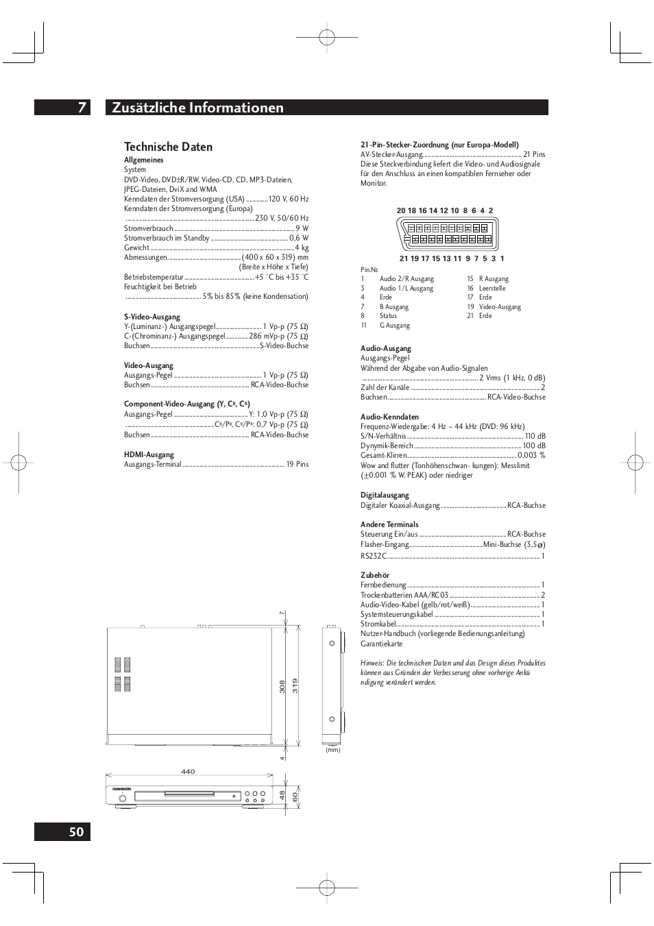 Zusätzliche informationen 7, 50 technische daten | Marantz DV4001N User Manual | Page 154 / 358