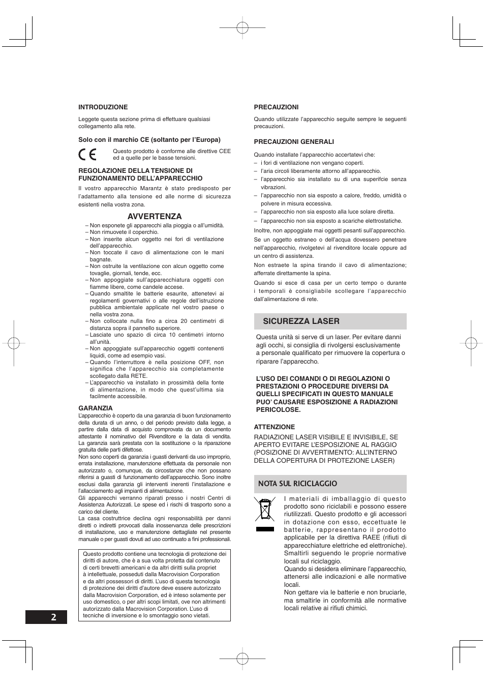 Nota sul riciclaggio, Avvertenza, Sicurezza laser | Marantz DV4001N User Manual | Page 156 / 358