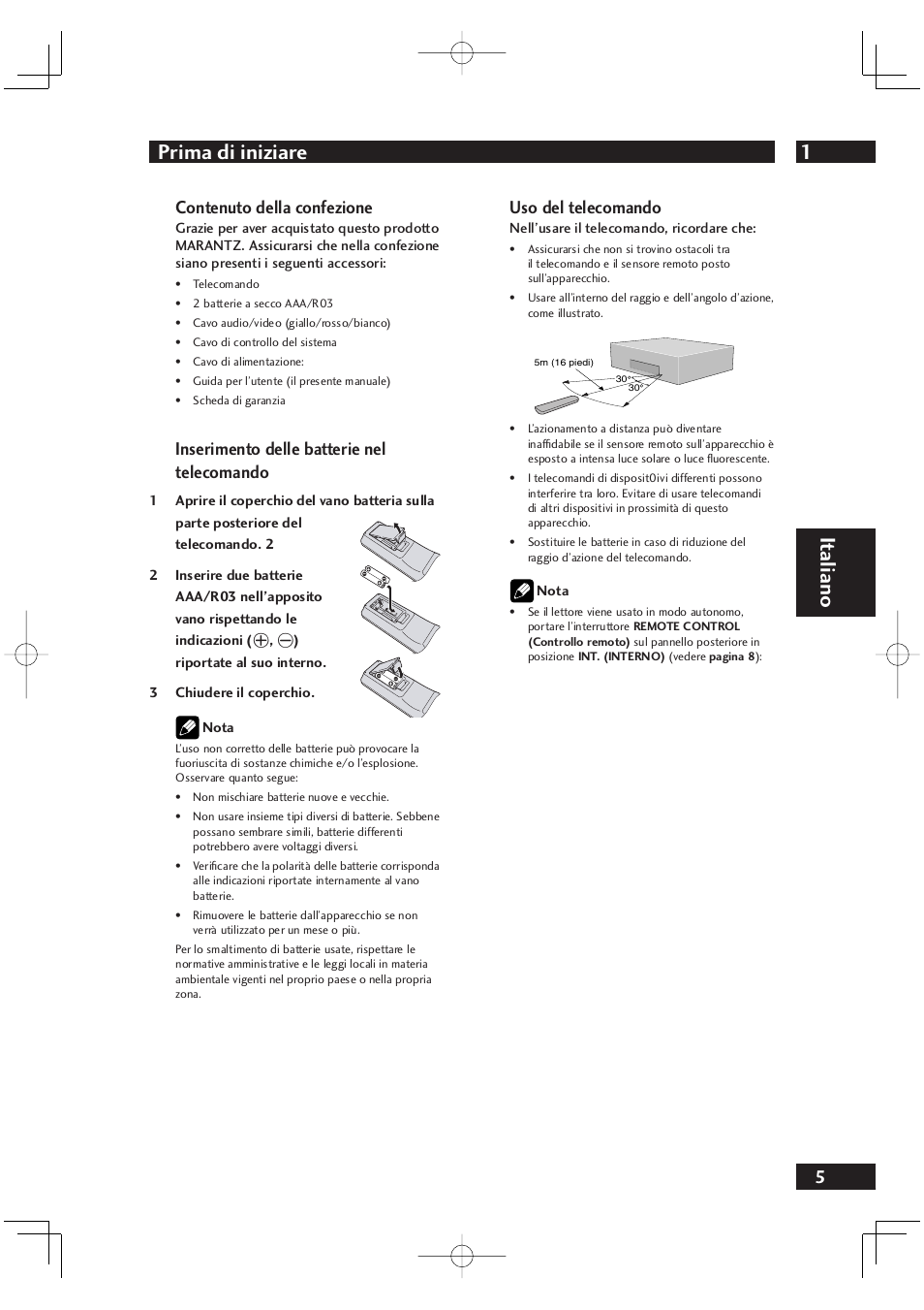 1prima di iniziare, It aliano, Contenuto della confezione | Inserimento delle batterie nel telecomando, Uso del telecomando | Marantz DV4001N User Manual | Page 159 / 358