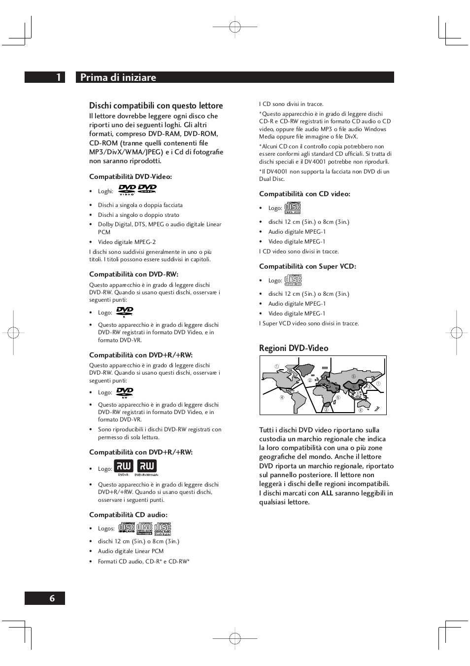 Prima di iniziare 1, 6dischi compatibili con questo lettore, Regioni dvd-video | Marantz DV4001N User Manual | Page 160 / 358