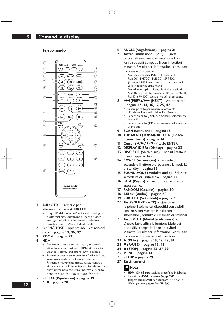 Comandi e display 3, 12 telecomando | Marantz DV4001N User Manual | Page 166 / 358